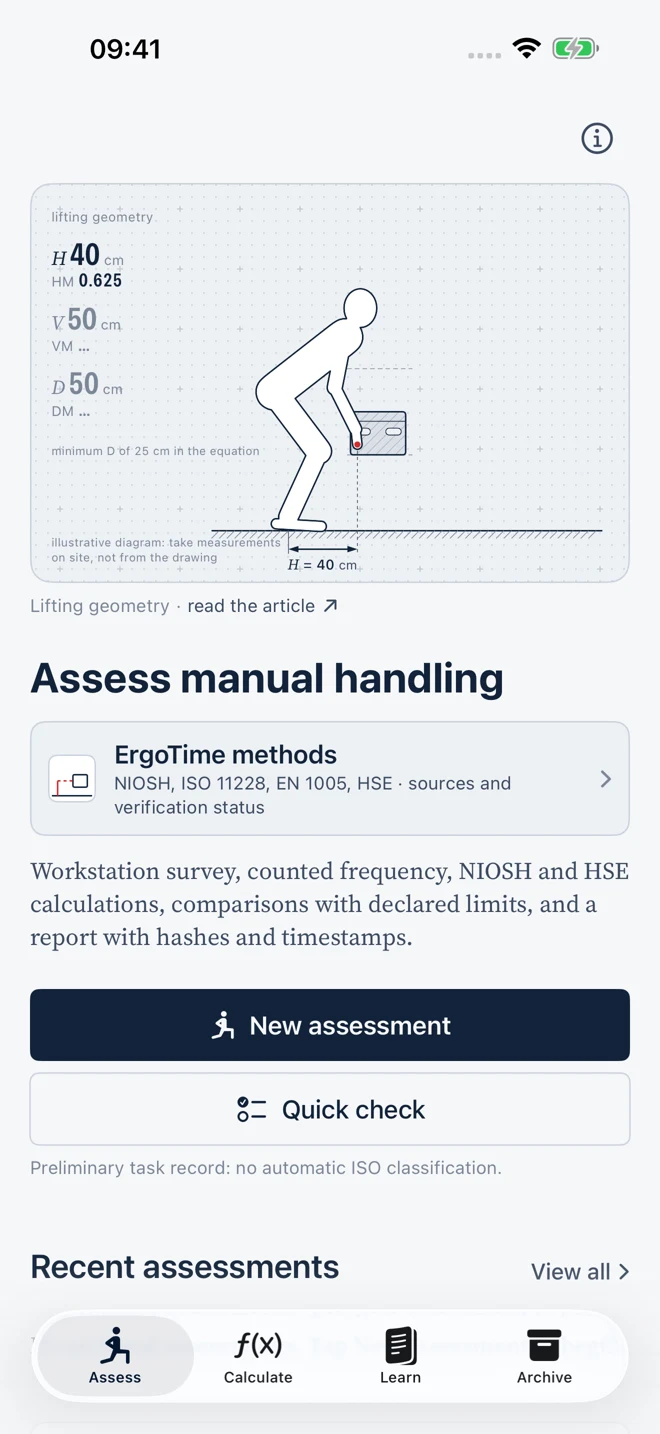ErgoTime Assess screen in English