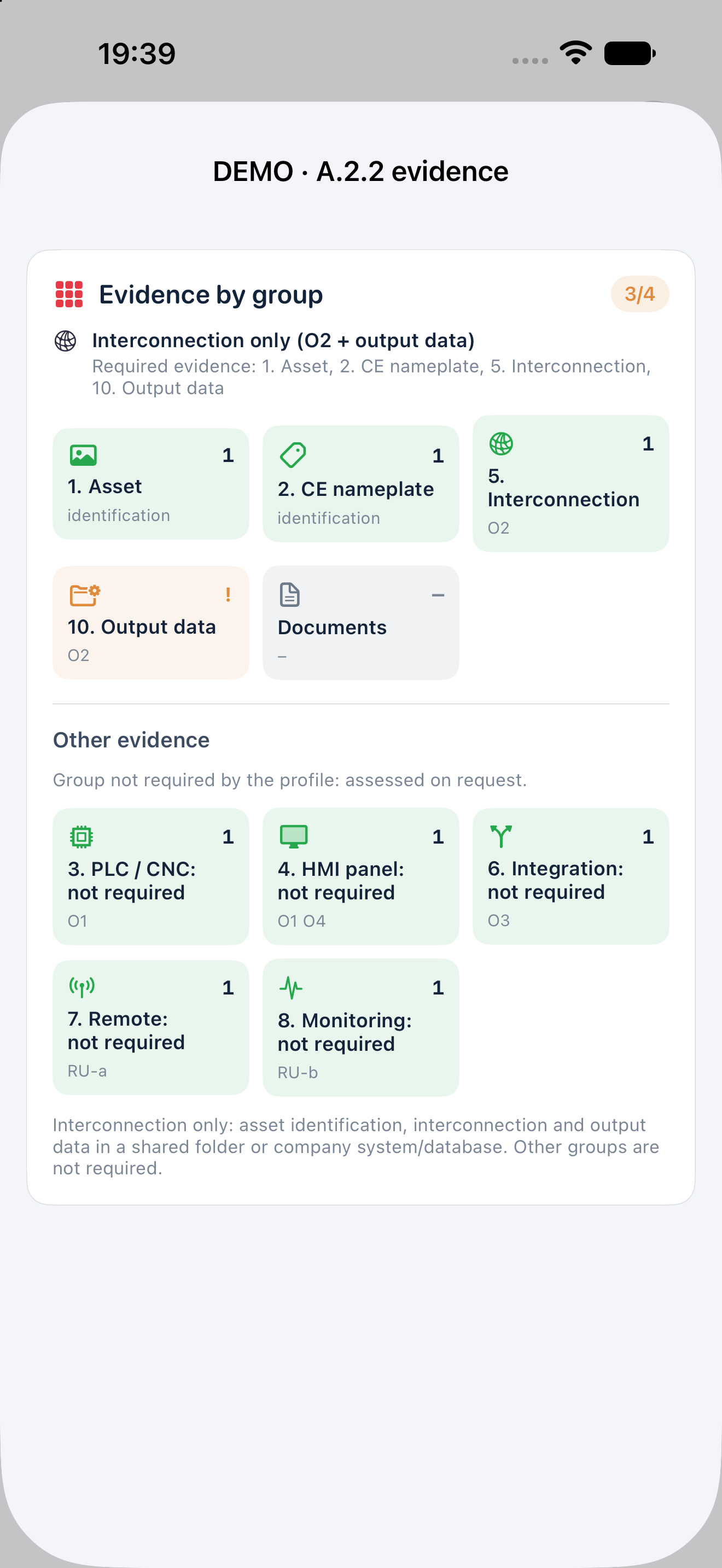 Native DEMO screen: A.2.2 profile, output data and other historical evidence labelled not required