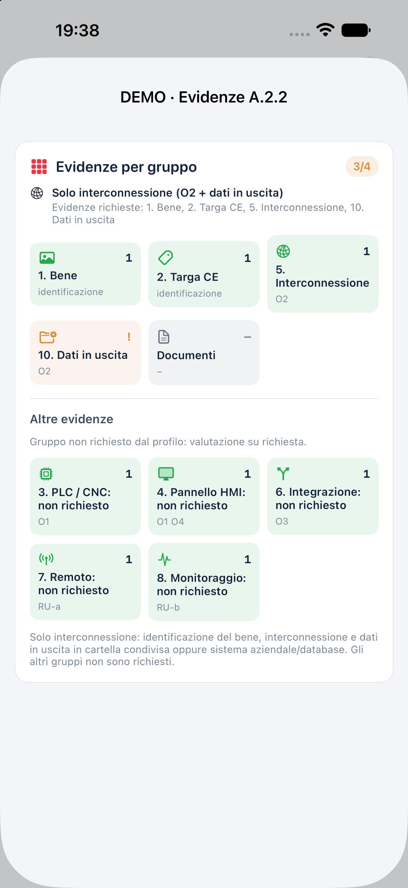 Schermata nativa DEMO: profilo A.2.2, dati in uscita e altre evidenze storiche non richieste