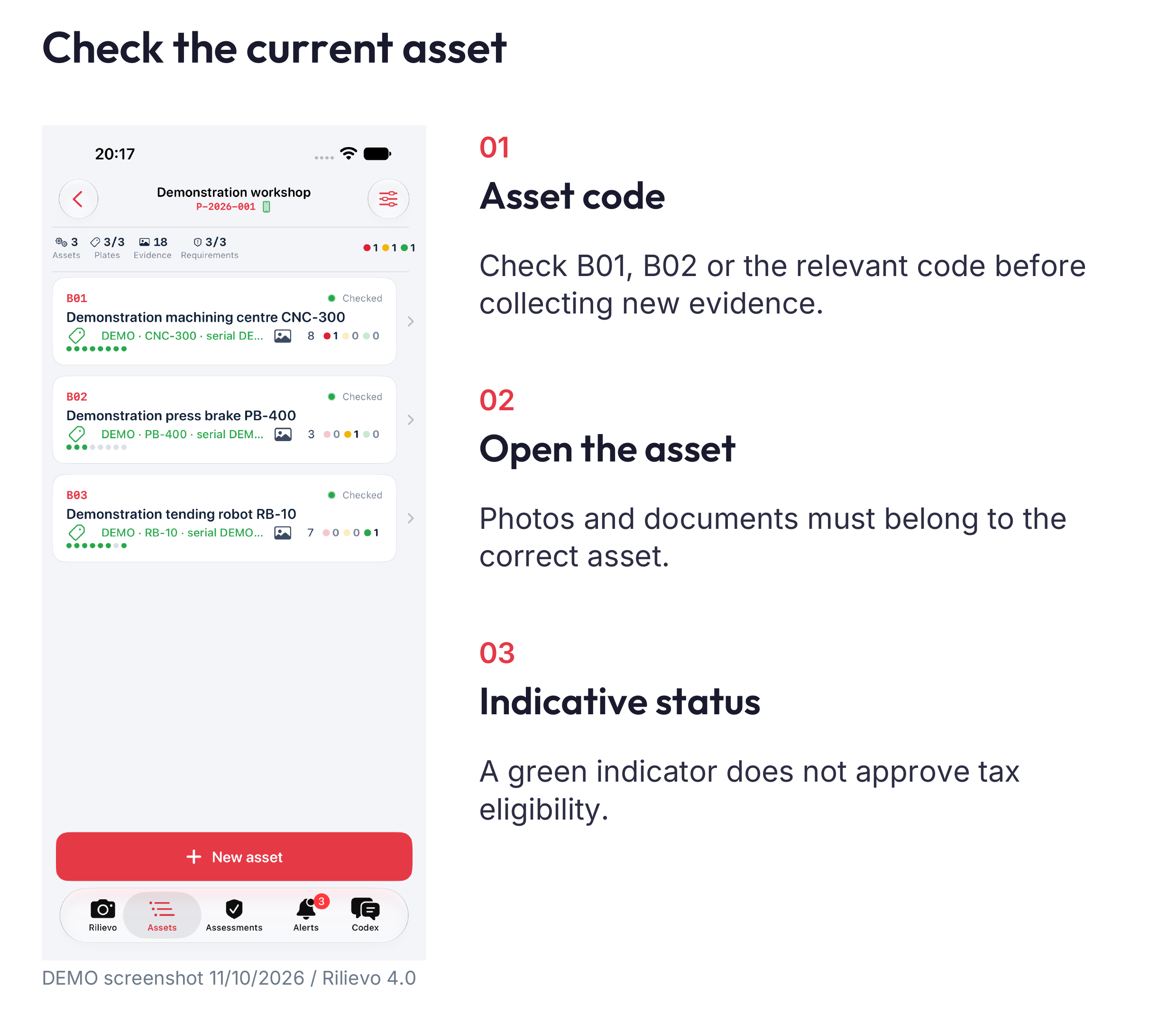 Collect by group: context, detail, identification and data exchange. Every image must support a fact associated with the correct asset.