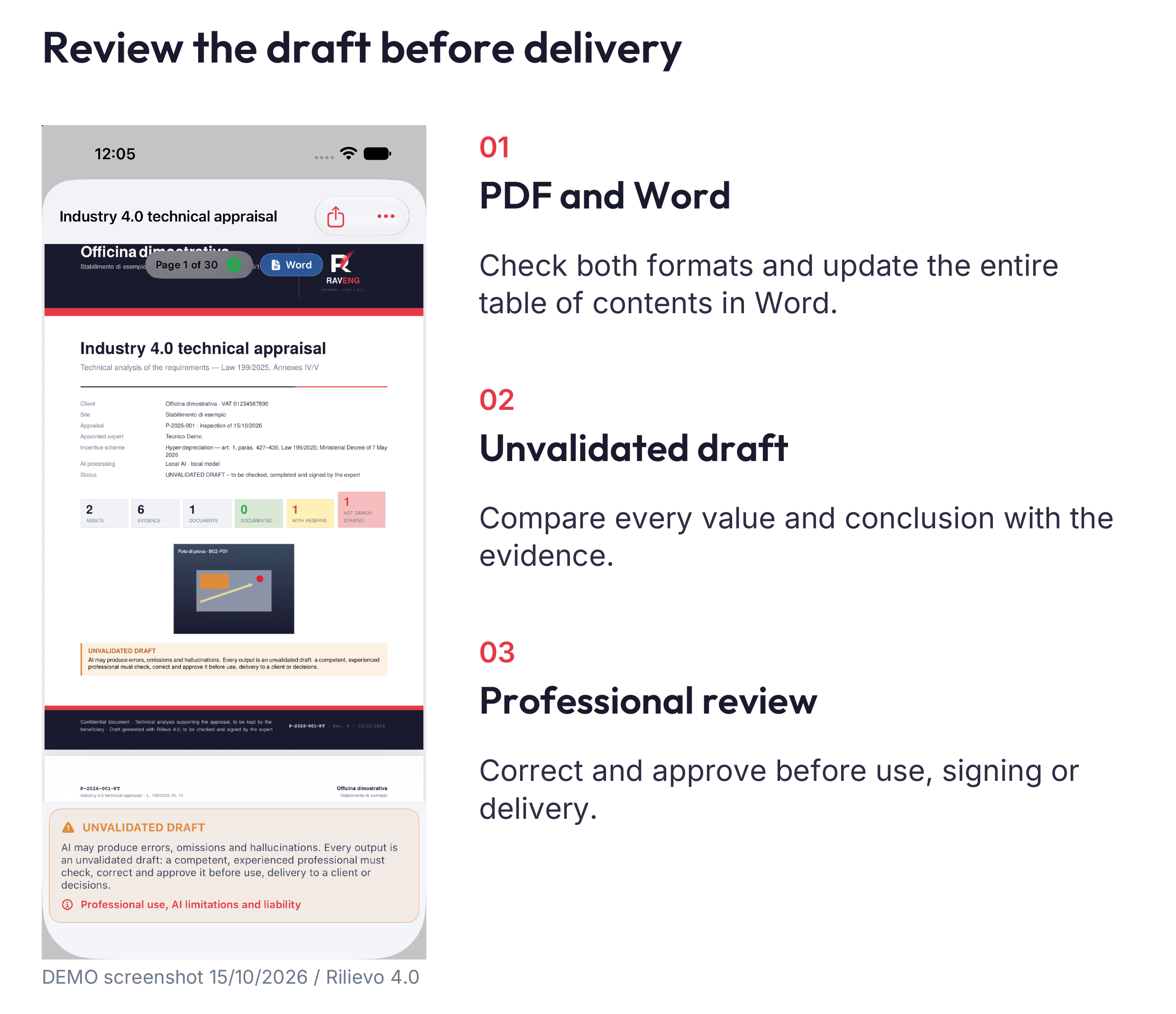 Review the revision: scope and dates → contents and evidence → warnings → Word fields and entire table of contents → professional approval → traceable delivery.
