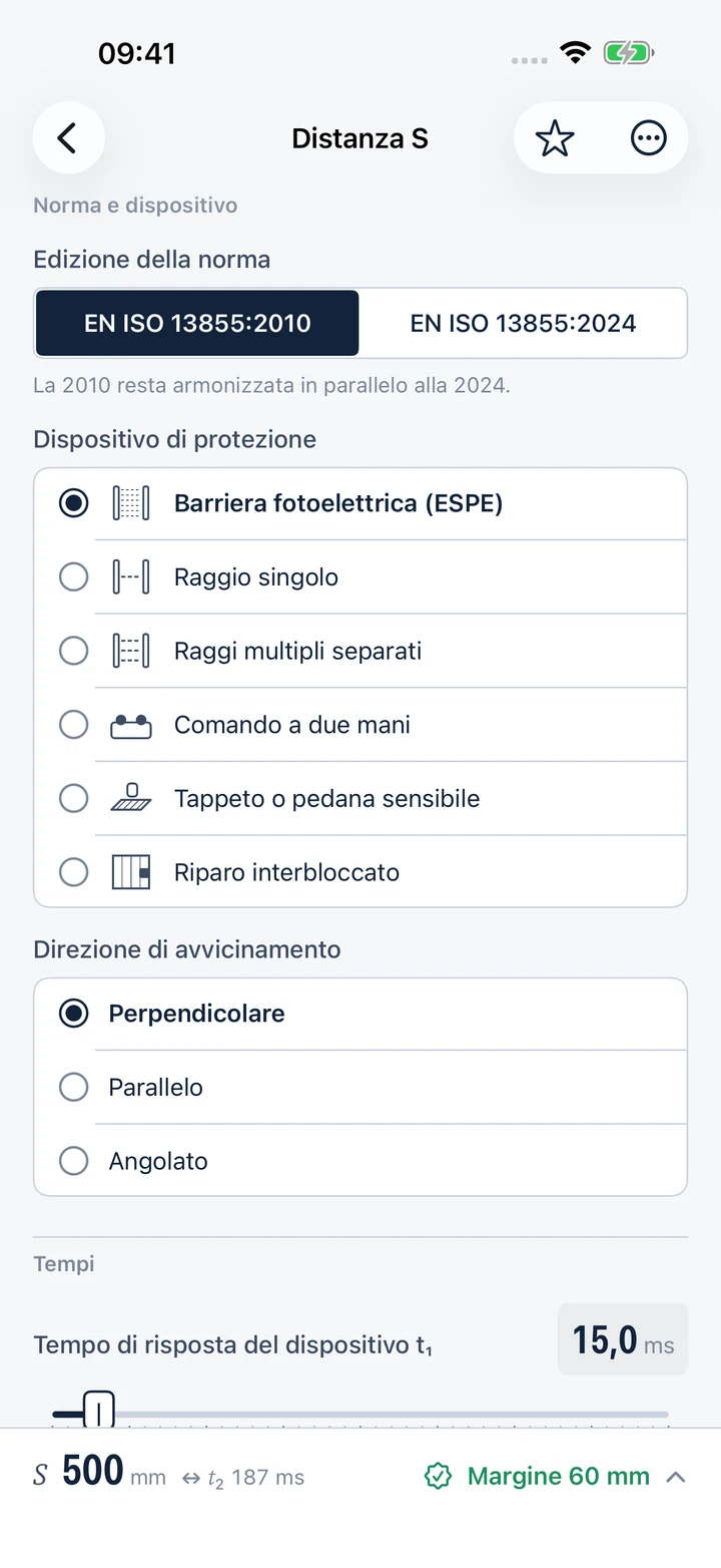 StopTime, minimum safety distance calculator with choice of standard edition and protective device (Italian interface shown)
