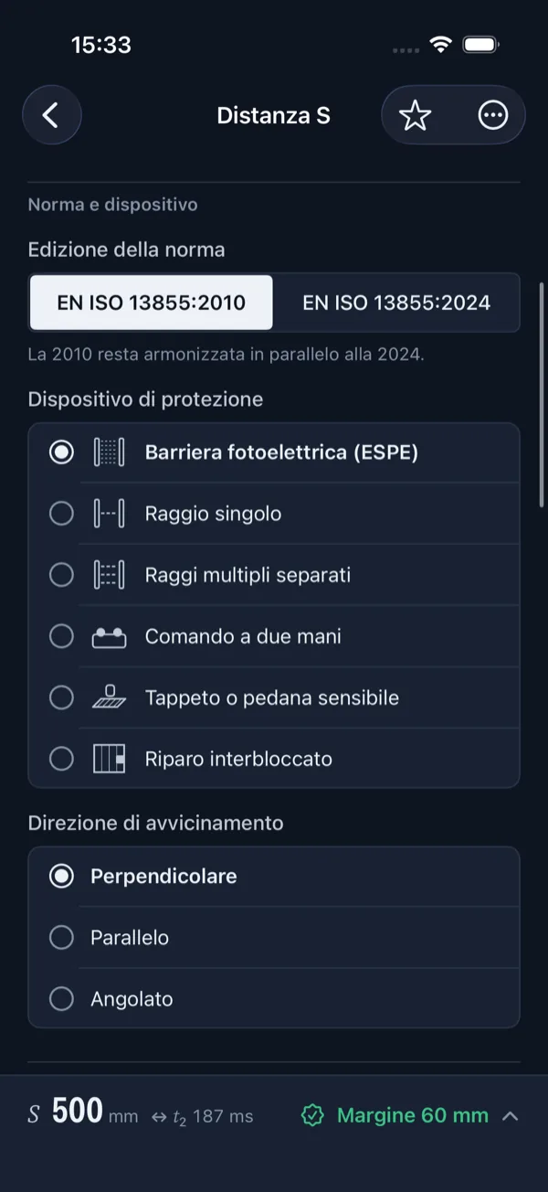 StopTime, calcolatore della distanza minima di sicurezza con scelta dell'edizione della norma e del dispositivo di protezione