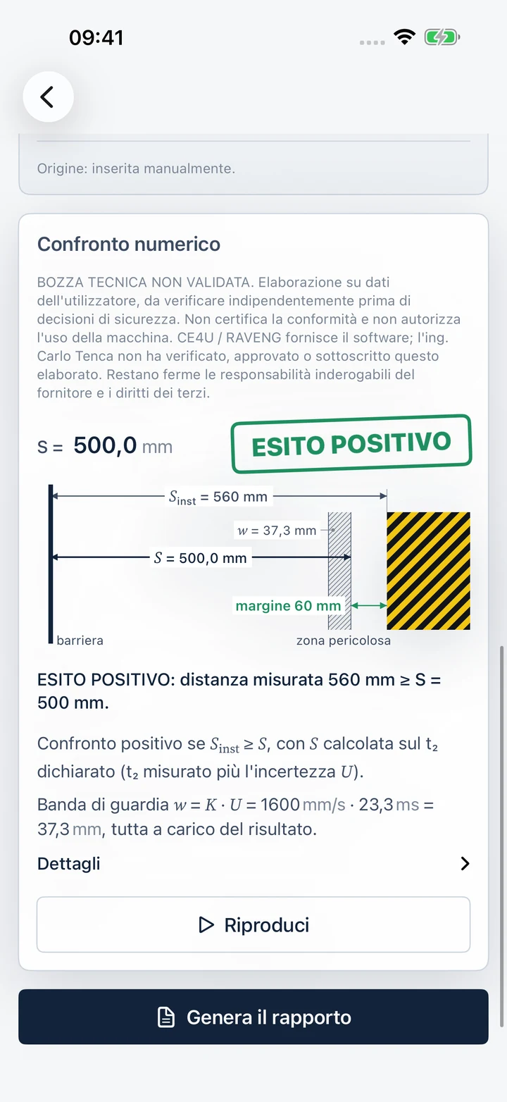 StopTime: example of safety distance comparison, positive numerical margin and warnings (Italian interface shown)
