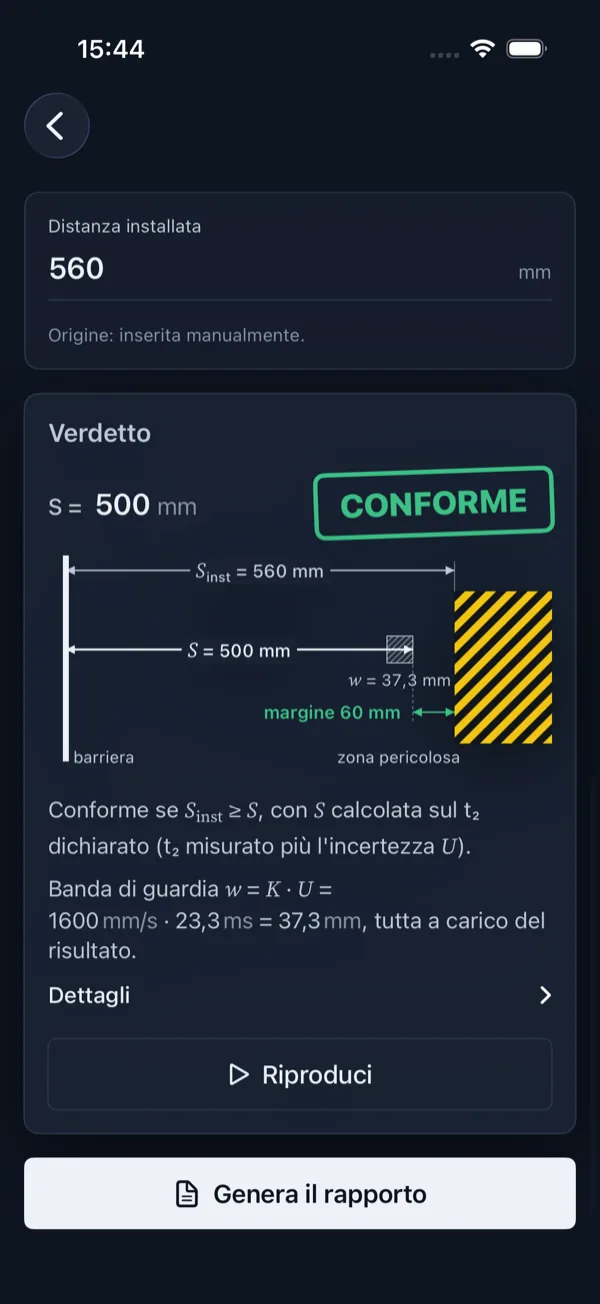 StopTime: verdetto della distanza di sicurezza, S = 500 mm e distanza installata 560 mm, esito conforme con margine di 60 mm