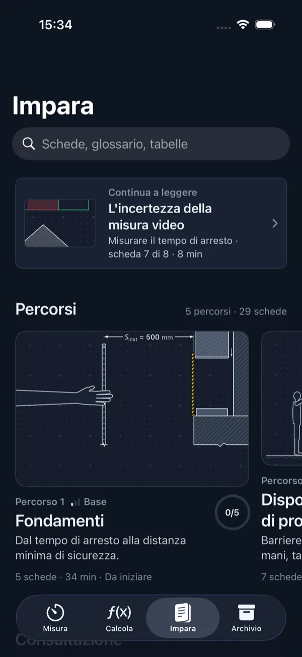StopTime, sezione Impara: ricerca, scheda in lettura e percorsi
