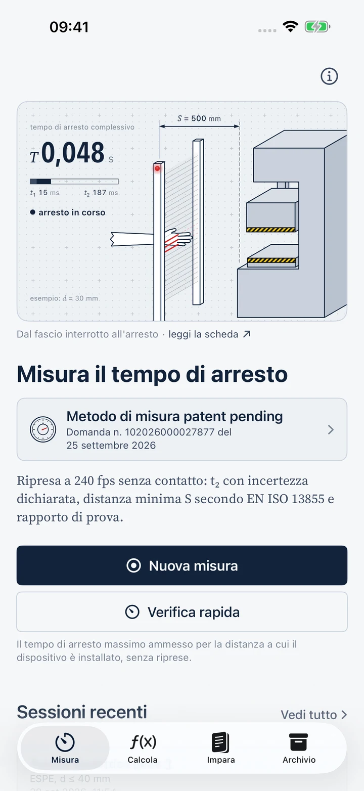 StopTime Measure screen, with the animated diagram of total stopping time T (Italian interface shown)