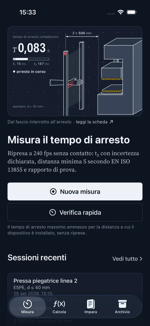 StopTime: schermata Misura con la tavola animata del tempo di arresto complessivo T