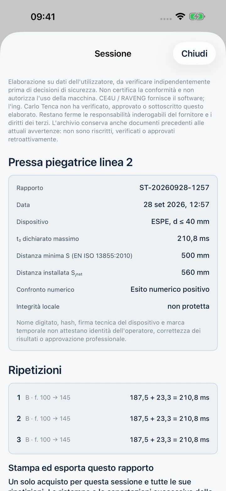 StopTime: demo session in archive, repetitions, preview and access to the report (Italian interface shown)