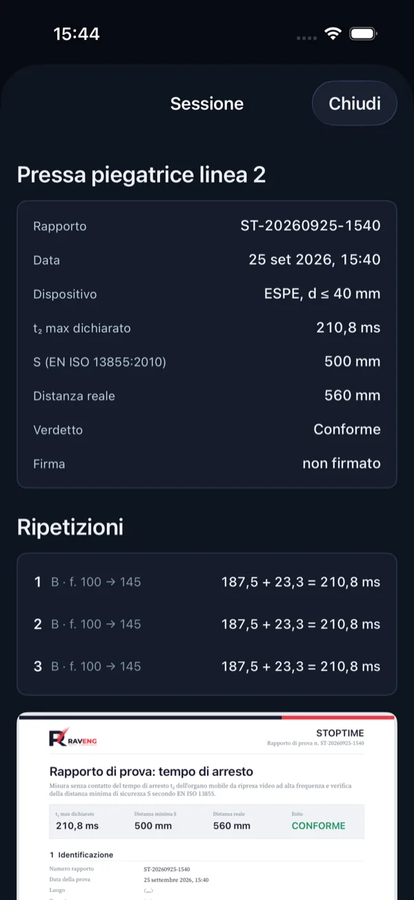 StopTime, sessione in archivio: dati del rapporto, tre ripetizioni da 210,8 ms e anteprima del rapporto di prova