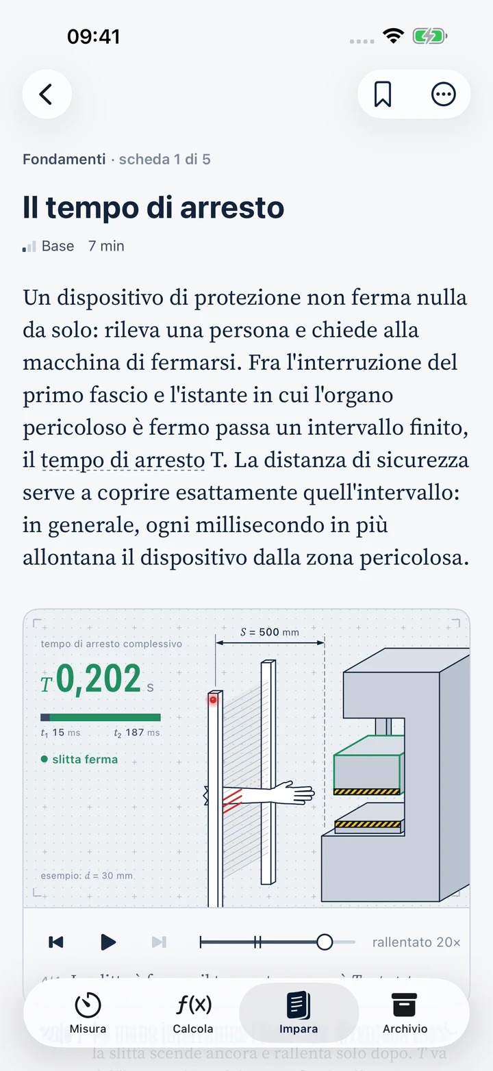 Stopping-time article with an animated stopping-chain diagram (Italian interface shown)