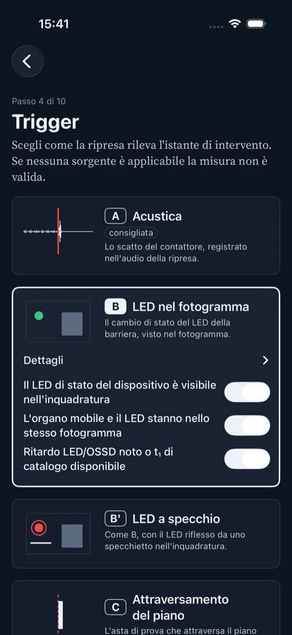 StopTime, passo Trigger: scelta fra acustica, LED nel fotogramma, LED a specchio e attraversamento del piano
